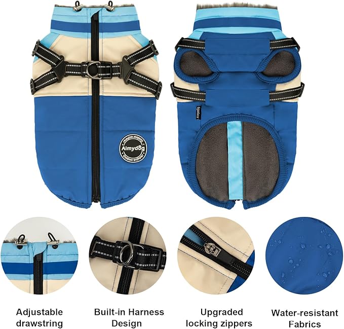 Winter Coat, Waterproof Jacket, Warm Turtleneck Fleece Vest With Built-in Harness, Reflective Snow Jacket Snowsuit for Small Medium Large Dogs, Blue M