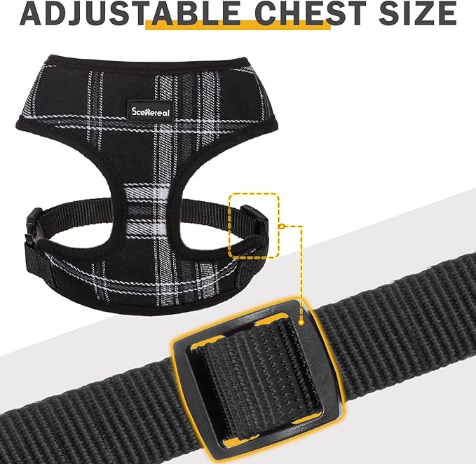 SCENEREAL No Pull Dog Harness Collar and Leash Set Small Medium Sized Dog, Soft Mesh Step in Puppy Harnesses, No Chock Plaid Adjustible Pet Vest for Outdoor Walking Training and Running, Black M