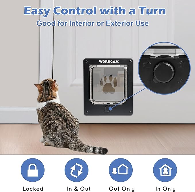 Wordcam Medium Cat Door Flap, 4 Way Locking Cat Door for Interior Exterior Doors, Pet Door for Cats Kitty Kittens Doggies, Robust, Weather-Resistant (Black, M)
