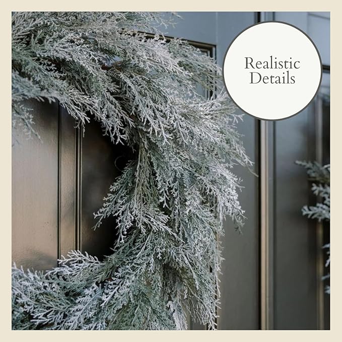 CG Hunter Holiday Collection Flocked Cedar Wreath, Premium Artificial Indoor and Outdoor Large 30" Flocked Cedar Christmas Wreath, Christmas Decorations and Holiday Greenery