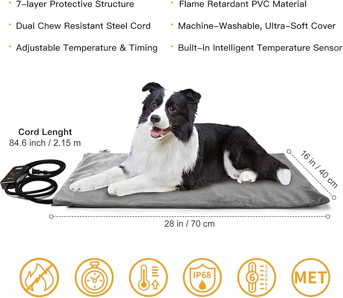 Toozey Pet Heating Pad, 6 Adjustable Temperature Dog Cat Heating Pad with Timer, Waterproof Heated Dog Bed with Chew Resistant Cord, Indoor Electric Pet Heated Mat 28x20in