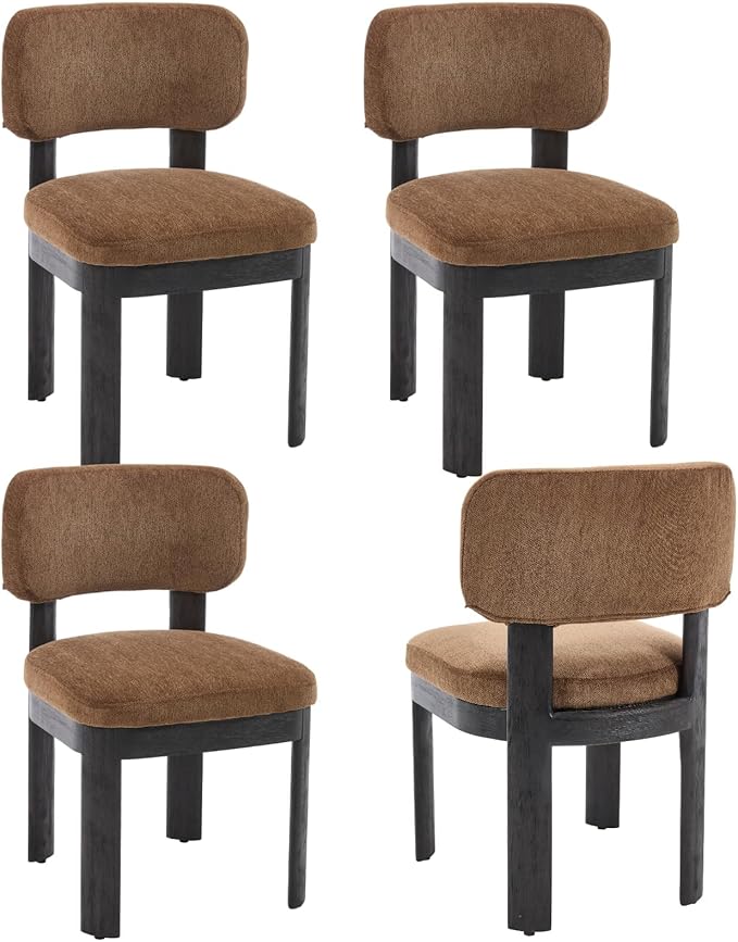 Modern Brown Upholstered Dining Chairs Set of 4 Wooden Side Chairs with Curved Backrest and Black Legs for Kitchen Island, Dining Room