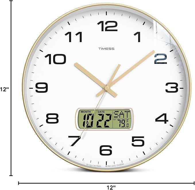 Wall Clock, 12" Dial Non-Ticking Silent Battery Operated Analog with LCD Display for Perpetual Calendar and F° Temperature, Ideal Modern Home, Bedroom, Kitchen, Office Decor (Gold)