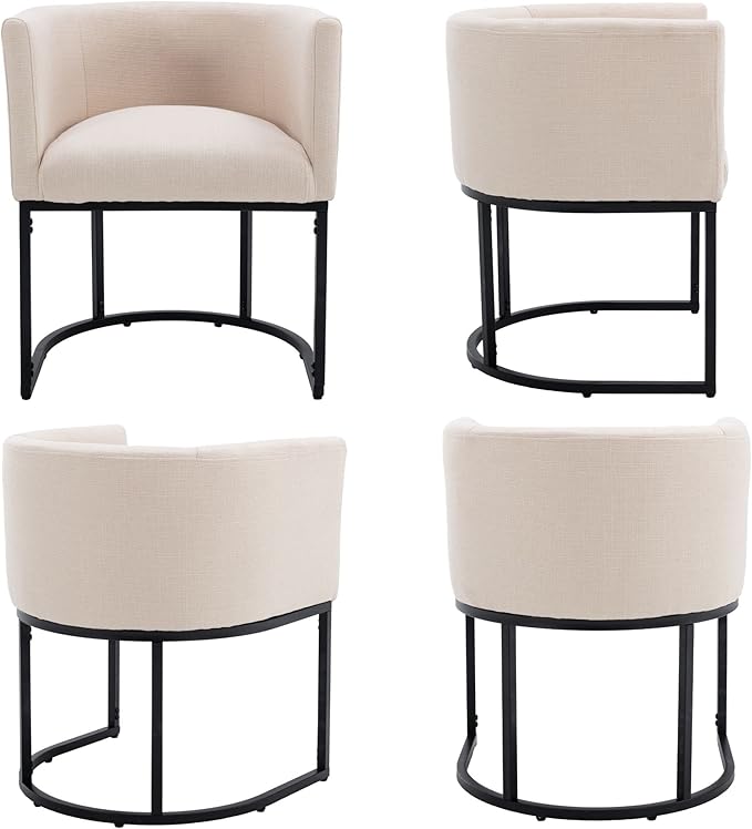 Linen Fabric Dining Chairs Set of 6 Modern Barrel Arm Chairs with Black Frame Upholstered Kitchen Chairs 18.5" Wide Accent Chairs for Living Room Dining Room Restaurant, Cream