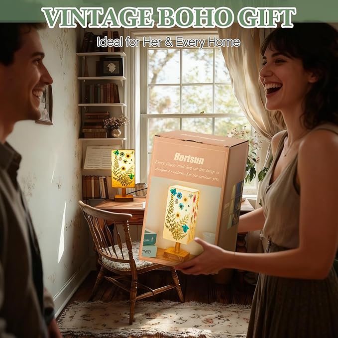 Hortsun Pressed Flower Lamp Vintage Table Small Lamp Cottagecore Decor Boho Night Light Decorative Rustic Night Light for Bedroom, Living Room or Office, Christmas Gift for Women(Square Style)