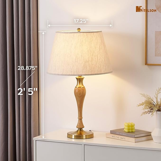 Table Lamp, Modern Nightstand Desk Lamp with Dimmer Switch and Bulb, Mid Century Lamp for Living Room and Office, Wood Bedside Lamp for Bedroom, Home Décor, Natural Wood Finish