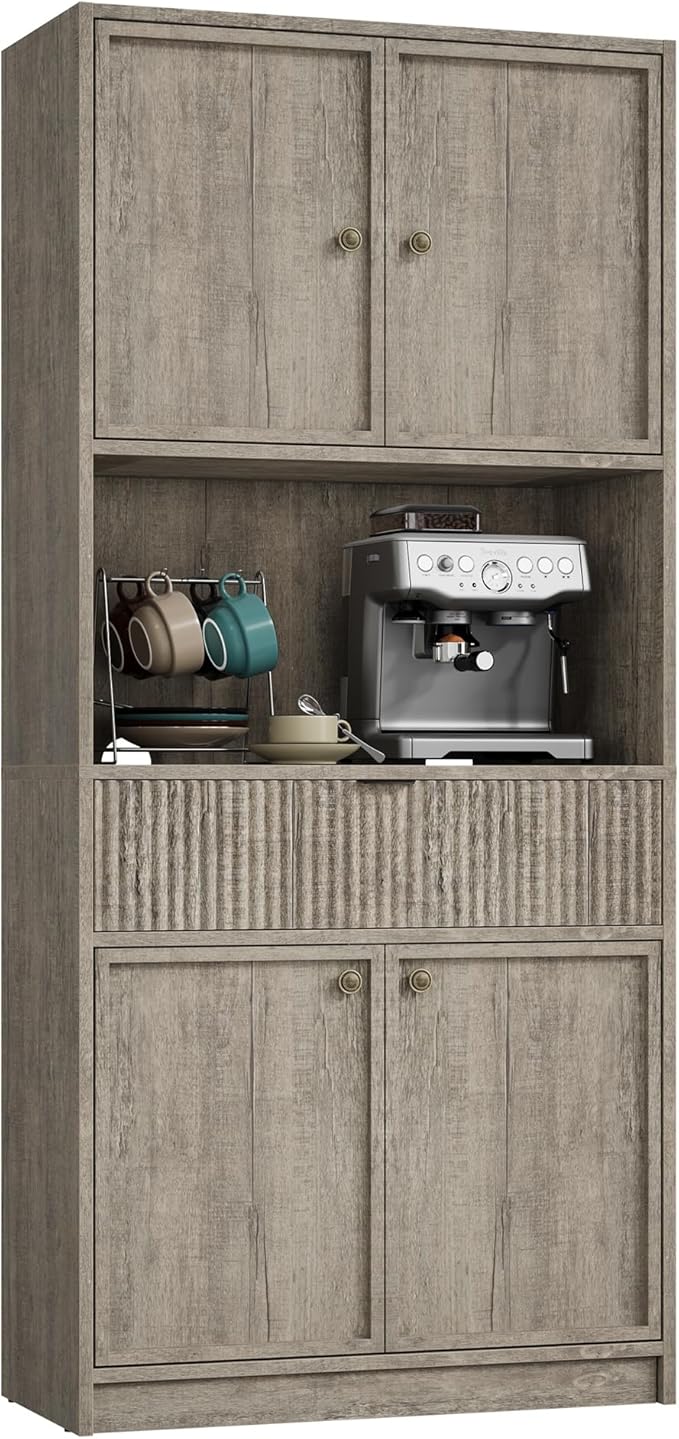 IDEALHOUSE Tall Storage Cabinet, 70" Kitchen Pantry Cabinet with Doors, Fluted Kitchen Hutch Cupboard with Microwave Shelf & Drawer, Freestanding Cupboard for Dining Room, Living Room, Gray