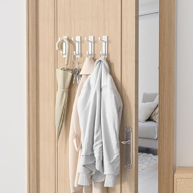 pickpiff Wall Hooks for Coat and Towel: 13LB Adhesive Door Hanger Stick on, White 4 Pack