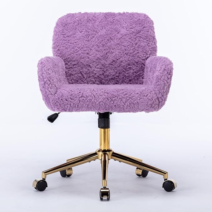Goujxcy Faux Fur Home Office Teddy Fabric Swivel Chair - Height Adjustable Purple Elegant Vanity Chair for Teen Girls