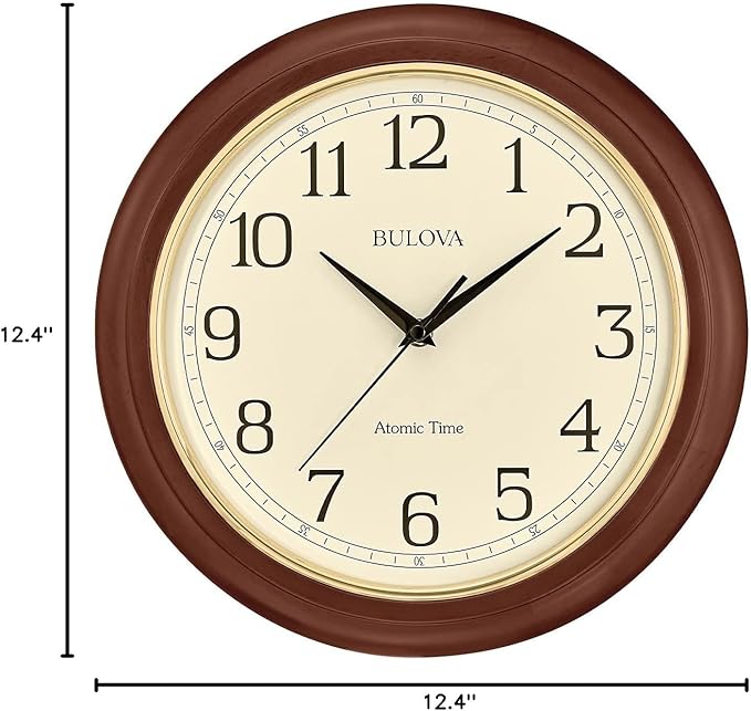 Bulova Atomic Time 2 Analog Wall Clock C5004 | 12.4" Wooden Frame, Sets Time Automatically | Quartz Movement | Battery Operated | Classic Design