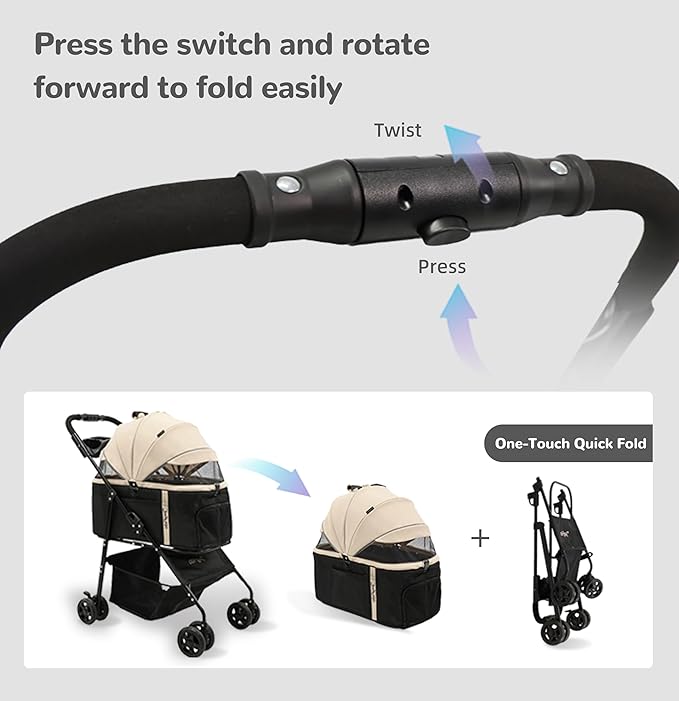 Pet Stroller,4Wheels 3in1 Multifunctiona Dog Stroller with Brake,33lb Weight Capacity,Lightweight Portable One-Click Folding,Storage Basket Cup Holder,for Dogs/Cats Travel,Khaki