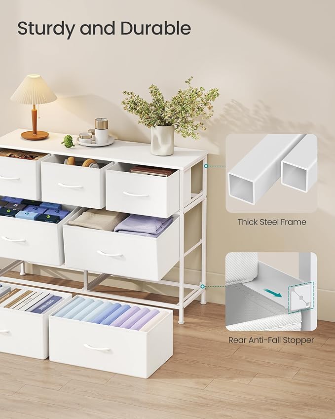 SONGMICS Dresser for Bedroom, Chest of Drawers, TV Stand, Steel, MDF, 7 Non-Woven Fabric Drawers, Storage Organizer Unit, Closet, Entryway, Cloud White and Snow White ULGS323W01S