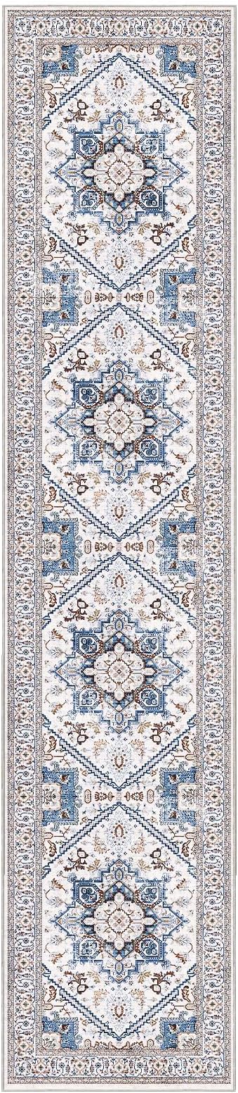 OPPODREAM Thin Entryway Rug 2x10, 2x10 Rug Runner, Neutral Washable Hallways Carpet 2 x 10 with Non Slip Backing, Low-Pile Bedside Carpet 2 x 10, Long, Faux Cashmere, Cream White & Blue & Light Brown