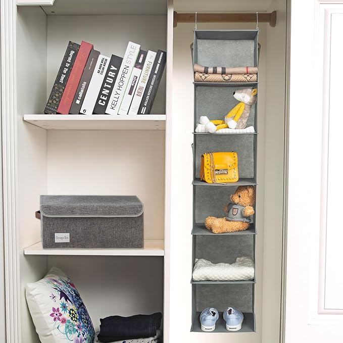 6 Shelves Hanging Closet Organizer, 2 Pack Hanging Storage with 4 Side Pockets for Clothes Shoes, 43.5"x12"x12"(Grey)