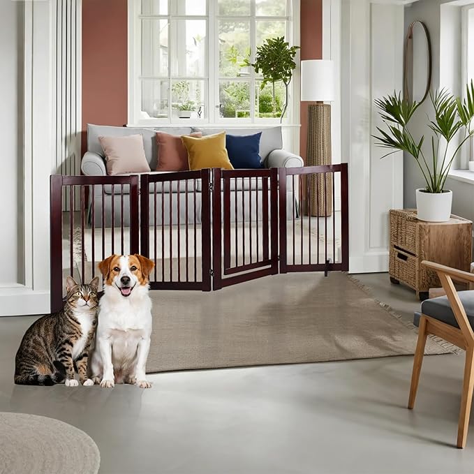 Wooden Free Standing Dog Gate with Door Walk Through, 30 inch 4 Panels Pet Gate for Dogs with 2 Support, Folding Dog Gate Indoor for Stairs, Doorways, Living Room (Brown, 4 Panel - 30")