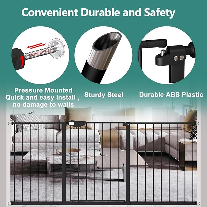 ALLAIBB Triple Lock Extra Wide Baby Gate Pressure Mounted Walk Through Safe Auto Close Black Metal Dog Pet Puppy Cat for Stairs,Doorways,Kitchen 29.72-47.24"