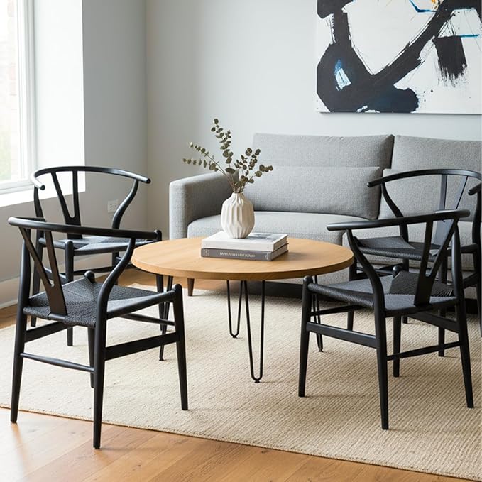 Wishbone Chair Natural Solid Wood Dining Chair/Hans Vegner Y Chair Rattan and Wood Accent Armrest Chairs Set of 2 (Ash Wood - Black)