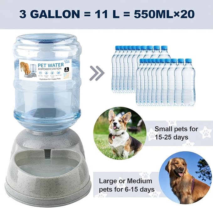 Water Dispenser for Large Dogs and Cats, 3 Gallon Large Capacity Gravity Automatic Water Feeder, Indoor Outdoor Dog Drinking Fountain, No Filter, Dog Water Bowl for Multiple Pets, BPA Free