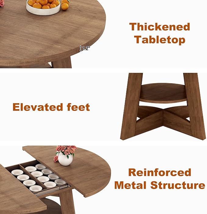 47"-63" Extendable Dining Table for 4 5 6 People,63" Farmhouse Round Extending Dining Table w/Removable Leaves Space Saving,Wooden Adjustable Tables for Kitchen Office Living Room (Brown)