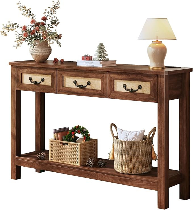 47.2" Console Table with 3 Rattan Drawers, Long Sofa Table with Storage Behind Couch, Farmhouse Entryway Table with Power Outlet & Open Storage for Entrance/Hallway/Foyer/Living Room, Walnut