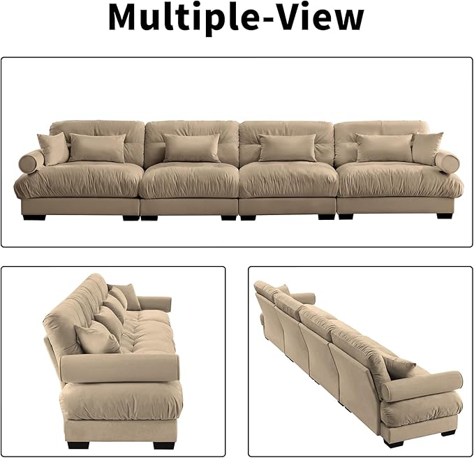 166" Oversized Camel Velvet Cloud Couch - 4 Seater Modular Sectional Sofa with 6 Pillows, Deep Seat for Living Room