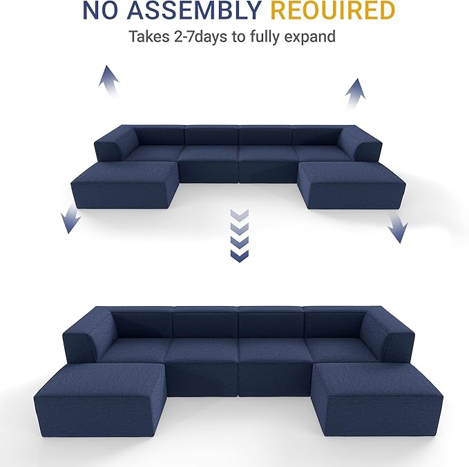 136" 6-Piece Sectional Sofa Modular Couches,L-U-Shaped with Chaise,for Living Room,Compressed Foam No Assembly,for Living Room (2xArmless Corner Ottoman) Fabric Chenille Blue