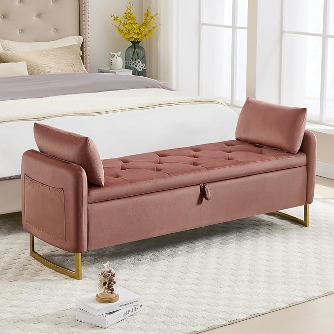 65" Storage Ottoman Bench, End of Bed Storage Bench King Size with Tufted Button Upholstered and Gold Legs, Bedroom Benches with Armrests for Living Room Window and Entryway, Rose Gold