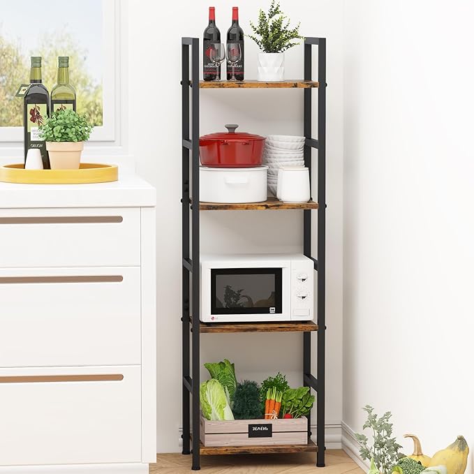 4 Tier Bookshelf, Small Book Shelf Industrial Bookcase, Metal Narrow Book Case Book Storage Organizer,Bookshelves for Bedroom Office Living Room(4 Tier,Rustic Brown)