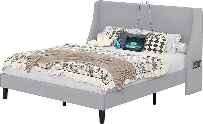 VECELO Full Bed Frame with Upholstered Wingback Headboard, Heavy-Duty Platform Bedframe with Charging Station, Wooden Slats, No Box Spring Needed, Light Grey