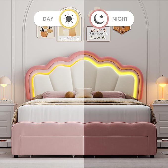 HOSTACK Full Upholstered LED Bed Frame with Storage Drawers, Cute Girls Bed with Adjustable Lotus Headboard, Velvet Princess Platform Bed Frame, Wooden Slats Support, No Box Spring Needed, Pink/Beige