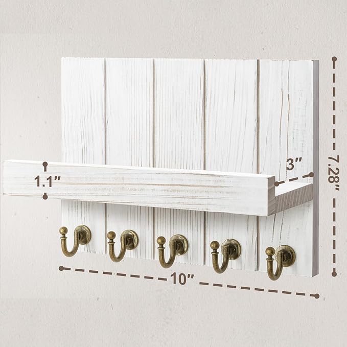 Rebee Vision Farmhouse Key Holder for Wall - Decorative Mail Organizer & Key Rack Wall Mount - Elegant 5 Sturdy Key Hooks with Floating Shelf for Living Room Decor (Whitewash, 3.54"D x 10"W x 7.28"H)
