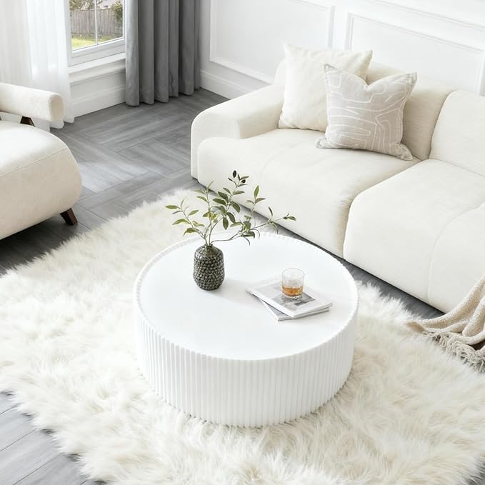 White Round Coffee Table with Sintered Stone Tabletop, 29.52" Drum Coffee Table with Fluted PU Leather Covered and Stable Base, Circle Cocktail Tea Table for Living Room