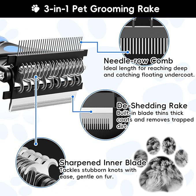 3-in-1 Pet Deshedding Tool β Grooming Brush for Dogs & Cats with Undercoat Rake & Dematting Comb (Blue)
