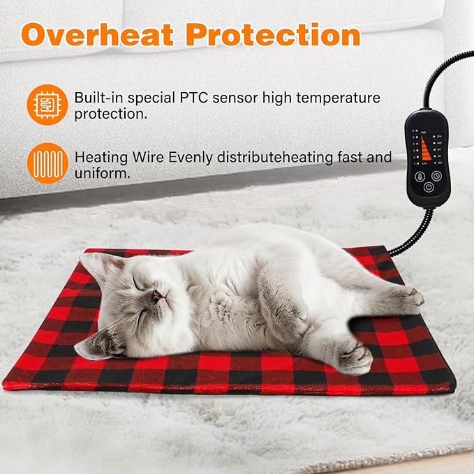 Pet Heating Pad, Adjustable Temperature Heated Cat Bed with Timer, Outdoor Waterproof Heated Dog Bed with Anti-Chew Cord, Overheat Protection Warming Mat for Cats and Puppies (S:17.7"x17.7")