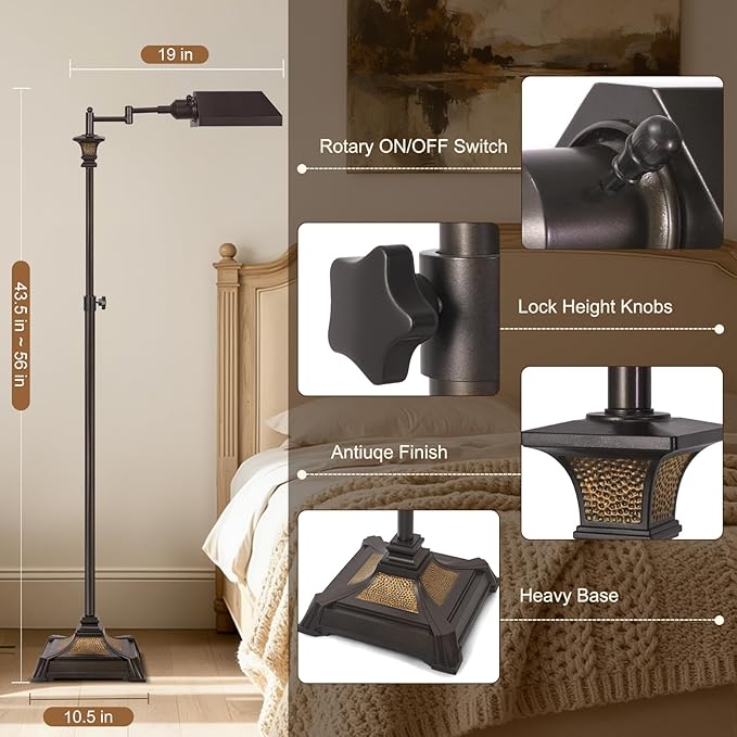 Scenekoy Adjustable Height Smart LED Floor Lamp for Living Room Bedroom, Remote Control Traditional 350º Swing Arm Standing Lamp with Swivel Metal Shade, Decor for Reading House Home Office