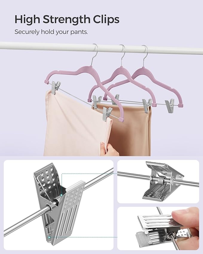 SONGMICS 30-Pack Pants Hangers, 16.7-Inch Long Velvet Hangers with Adjustable Clips, Heavy-Duty, Non-Slip Skirt Hangers, Space-Saving for Pants, Skirts, Coats, Dresses, Pale Purple UCRF012GP30