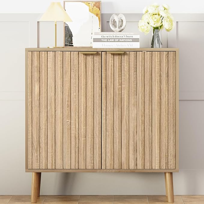 Fluted Storage Cabinet, Free Standing Buffet, Wood Sideboard, Multifunctional Accent Storage for Living Room, Hallway, Entryway, Dining Room (2, Oak)