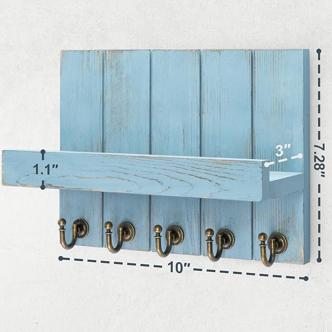 Rebee Vision Decorative Key Holder for Wall - Farmhouse Mail Organizer and Key Hanger Wall Mount for Floating Shelf with Hooks - Mid Century Home Decor Aesthetic (Distressed Blue)