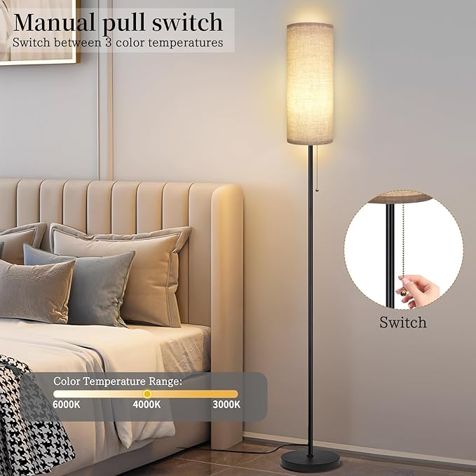 Floor Lamp for Living Room, Modern Standing Lamps with Lampshade, Minimalist Tall Lamp with Chain Switch for Living Room, LED Bulb Included (Beige Shade)