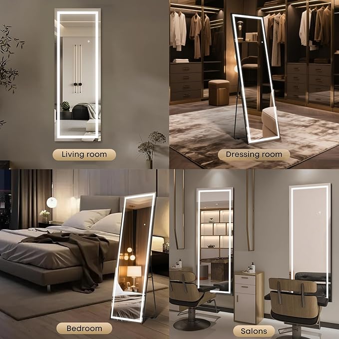 Kosmonia 67x24 Frameless Full Length Mirror, Dimmable 3 Color LED Light w/Memory Function, Distortion Free, HD Reflection & Anti Desilvering, Tempered Glass & Shatter Proof Film Doubling Safety
