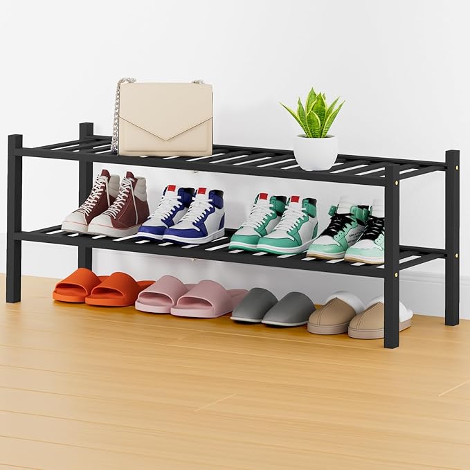 Smiry Shoe Rack, 2 Tier Thick Long Bamboo Shoe Organizer, Stackable Free Standing Wooden Shoe Storage Shelf for Closet, Entryway, Front Door Entrance, Black