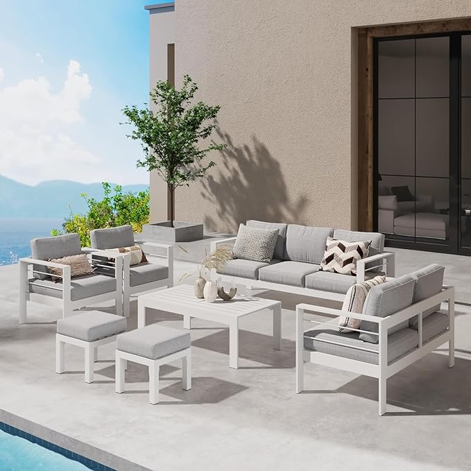 Wisteria Lane Aluminum Outdoor Patio Furniture Set with Footrest, Modern Patio Conversation Sets, Outdoor Sectional Metal Sofa with 5 Inch Cushion and Coffee Table for Balcony, Garden, Light Grey
