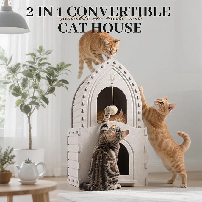 Apasiri Double-Deck Cat House: 2-in-1 Innovative Polyester Fiber Double-Deck Cat House, Sturdy and Scratch-Resistant, Original Castle Design, A Perfect Cat Bed Cave for Multiple Small Pets and Kittens