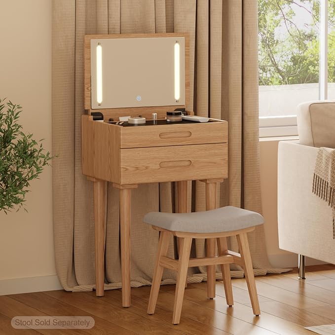 Solid Wood Small Vanity Desk with Mirror and Lights, Narrow Makeup Vanity for Small Space, Flip Top Vanity Side Table, 3 Color Modes & Adjustable Brightness, 19.6" Slim Dressing Table, Natural