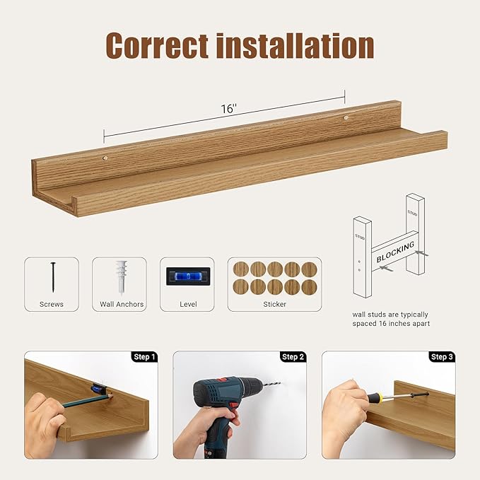 Heimlove Floating Shelves Set of 6, 24" Wall Mounted Picture Ledge, Display Shelf Organizer for Decor Storage, Wall Mounted Shelves for Living Room, Bedroom, Bathroom, Kitchen (Oak)