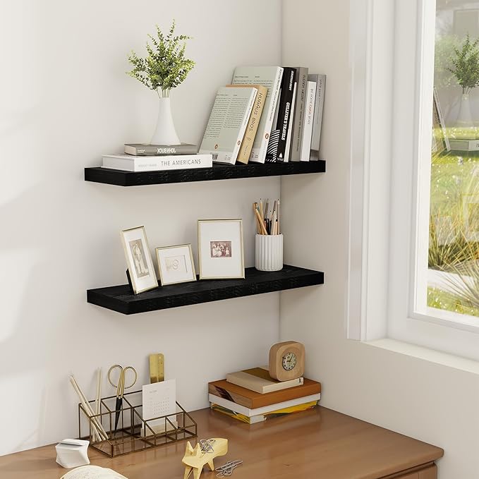 Fun Memories Floating Shelves for Wall, 22.5" Rustic Wood Deep Wall Mounted Shelves with Invisible Brackets for Decor & Storage, Floating Shelf for Living Room, Bathroom (Black, Set of 2)