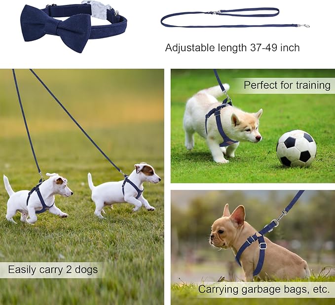 Denim Blue XXS No Pull Adjustable Puppy Harness Set with Multifunction Leash and Collar, Soft No Choke Escape Proof Pet Harness Vest for Small Dogs and Cats