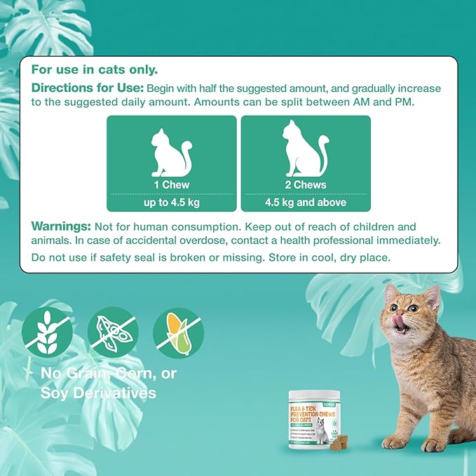 Flea and Tick Treatment for Cats, Flea and Tick Prevention for Cats Chewables, Kitten Cat Flea Treatment, Oral Flea Supplement Skin & Coat Support, Chicken Flavor 200 Counts