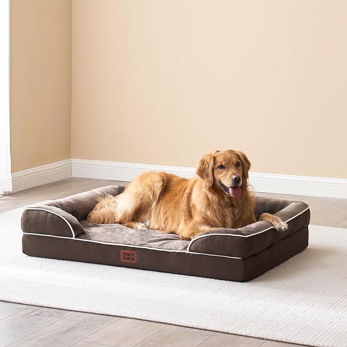 EHEYCIGA Orthopedic Dog Beds for Extra Large Dogs, Waterproof Memory Foam XXL Dog Bed with Sides, Non-Slip Bottom and Egg-Crate Foam Big Pet Couch Bed with Washable Removable Cover, Brown
