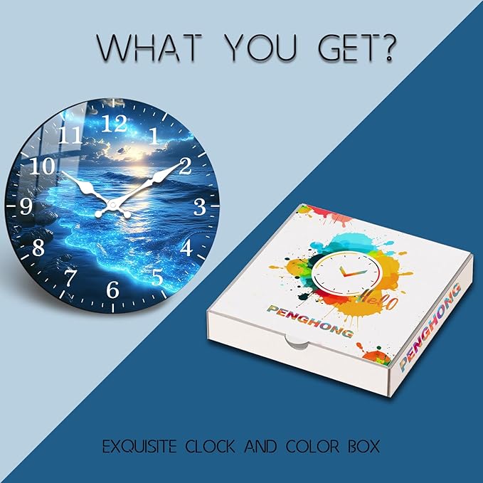 Large Coast Wooden Wall Clock 16 inch Blue Tears Beach Wall Clock Modern Silent Analog Clock for Office, Living Room Decor Battery Operated